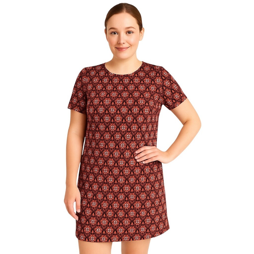 LOFT Petite Small Floral Jacquard Shift Mini Dress Red Black White Short Sleeve